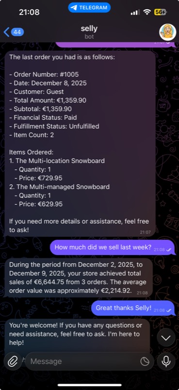 Telegram chat showing Selly order summary and sales